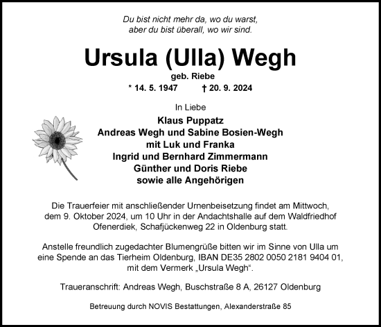 Traueranzeige von Ursula Wegh von Nordwest-Zeitung