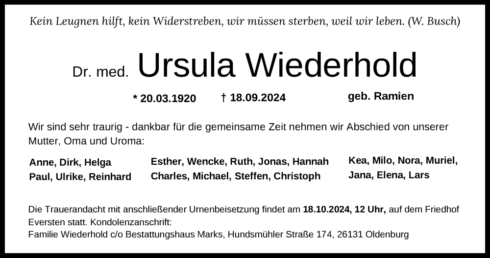 Traueranzeige für Ursula Wiederhold vom 28.09.2024 aus Nordwest-Zeitung