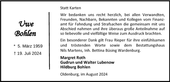 Traueranzeige von Uwe Bohlen von Nordwest-Zeitung