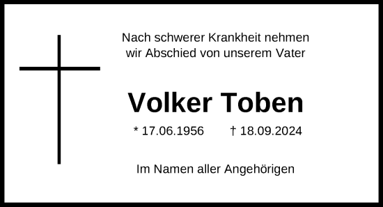 Traueranzeige von Volker Toben von WZ/JW/AH
