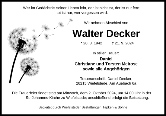 Traueranzeige von Walter Decker von Nordwest-Zeitung