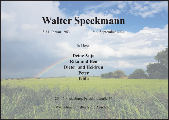 Traueranzeige von Walter Speckmann von WZ/JW/AH