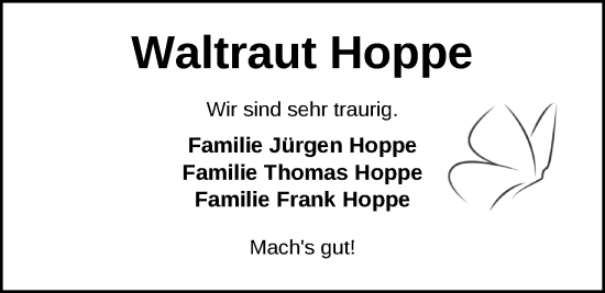 Traueranzeige von Waltraut Hoppe von Nordwest-Zeitung