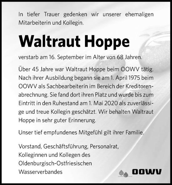 Traueranzeige von Waltraut Hoppe von Nordwest-Zeitung