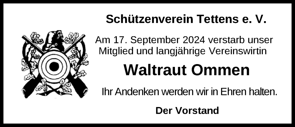  Traueranzeige für Waltraut Ommen vom 24.09.2024 aus WZ/JW/AH