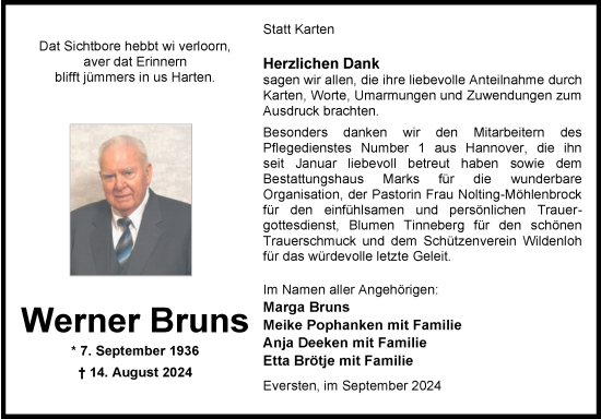 Traueranzeige von Werner Bruns von Nordwest-Zeitung