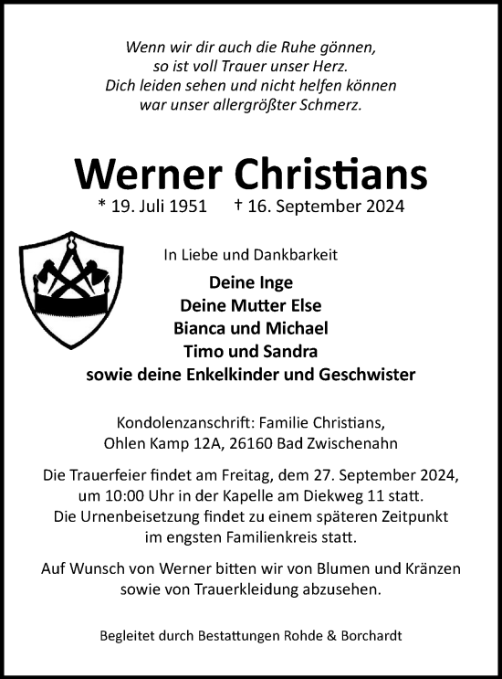 Traueranzeige von Werner Christians von Nordwest-Zeitung