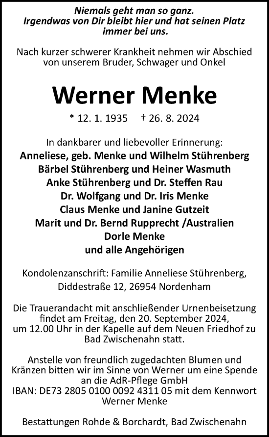 Traueranzeige von Werner Menke von Nordwest-Zeitung