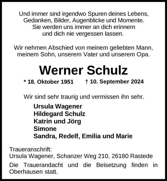 Traueranzeige von Werner Schulz von Nordwest-Zeitung