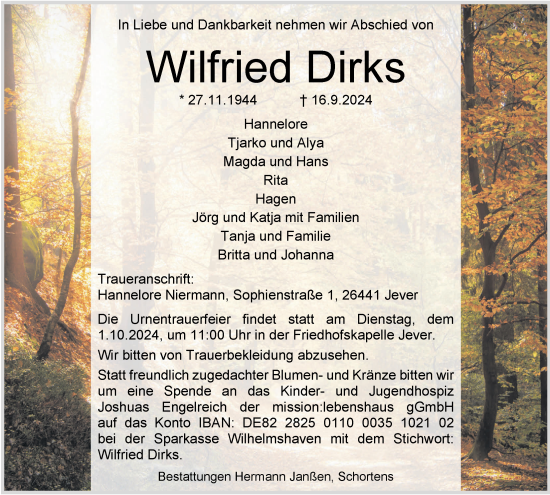 Traueranzeige von Wilfried Dirks von WZ/JW/AH