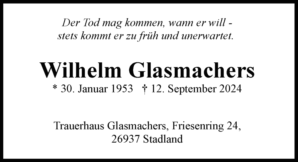  Traueranzeige für Wilhelm Glasmachers vom 17.09.2024 aus Emder Zeitung