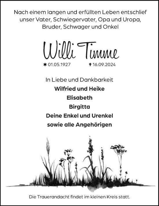 Traueranzeige von Willi Timme von Nordwest-Zeitung