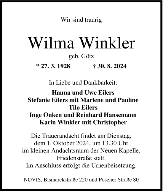 Traueranzeige von Wilma Winkler von WZ/JW/AH