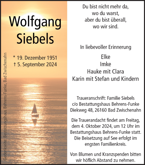 Traueranzeige von Wolfgang Siebels von Nordwest-Zeitung