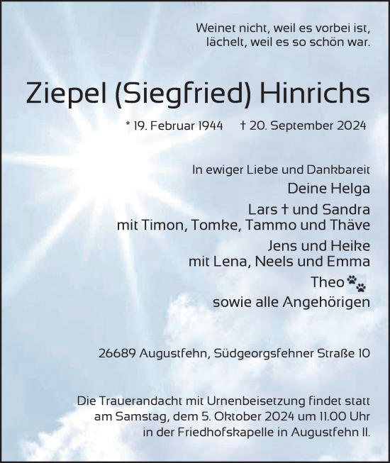 Traueranzeige von Ziepel Hinrichs von Nordwest-Zeitung