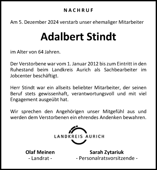 Traueranzeige von Adalbert Stindt von Emder Zeitung