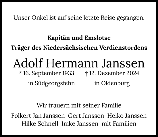 Traueranzeige von Adolf Hermann Janssen von Nordwest-Zeitung