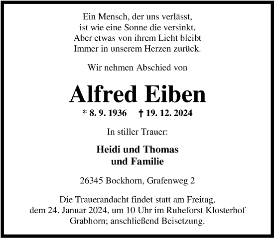 Traueranzeige von Alfred Eiben von Nordwest-Zeitung