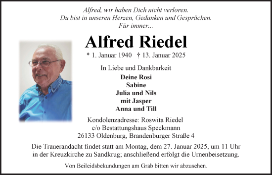 Traueranzeige von Alfred Riedel von Nordwest-Zeitung