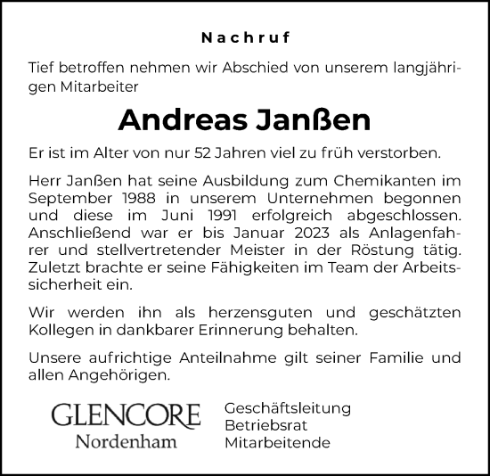 Traueranzeige von Andreas Janßen von Nordwest-Zeitung