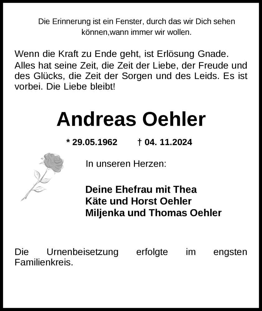  Traueranzeige für Andreas Oehler vom 21.01.2025 aus Nordwest-Zeitung
