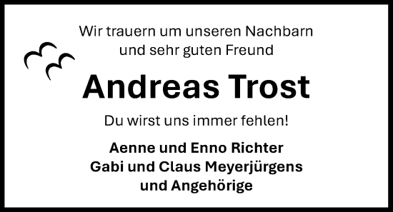 Traueranzeige von Andreas Trost von Nordwest-Zeitung