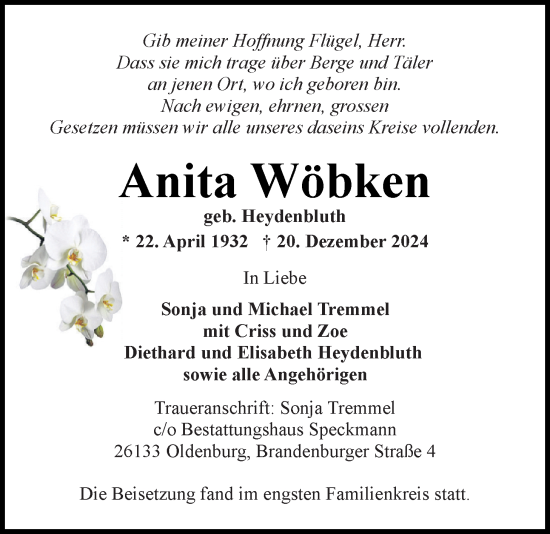 Traueranzeige von Anita Wöbken von Nordwest-Zeitung