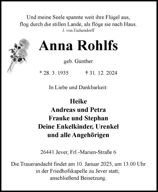 Traueranzeige von Anna Rohlfs von WZ/JW/AH