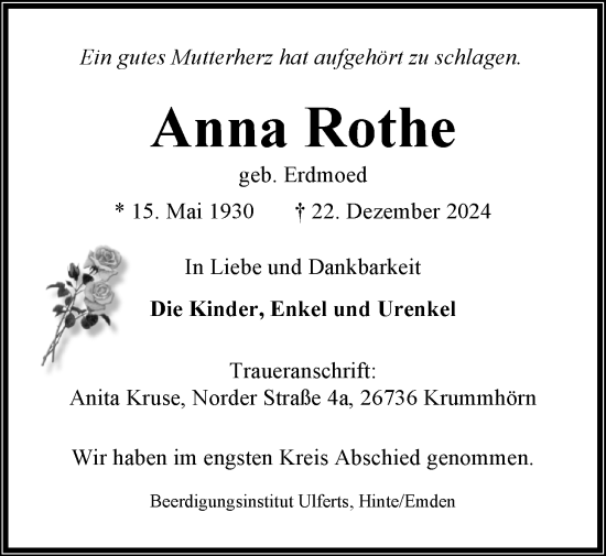 Traueranzeige von Anna Rothe von Emder Zeitung