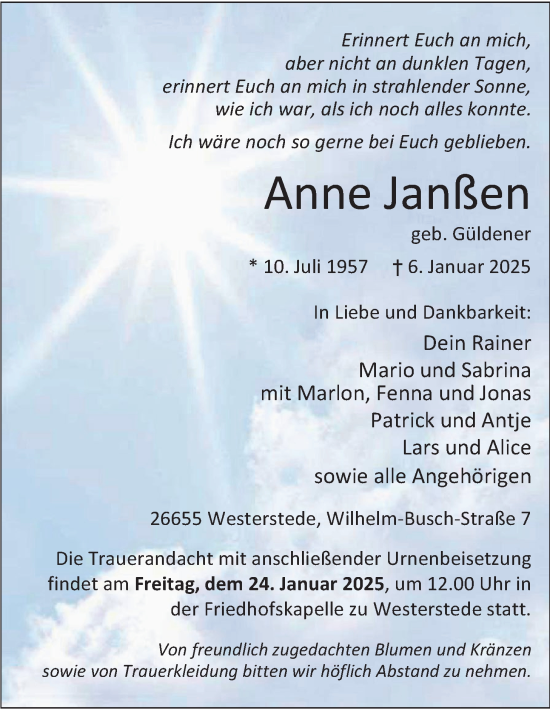 Traueranzeige von Anne Janßen von Nordwest-Zeitung