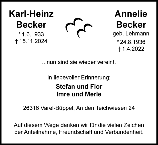 Traueranzeige von Annelie Becker von Nordwest-Zeitung