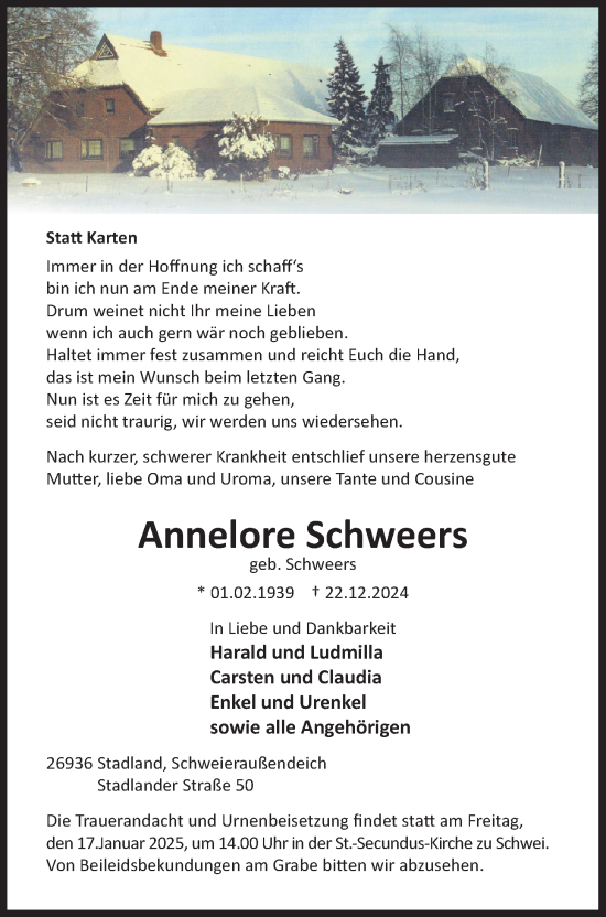 Traueranzeige von Annelore Schweers von Nordwest-Zeitung