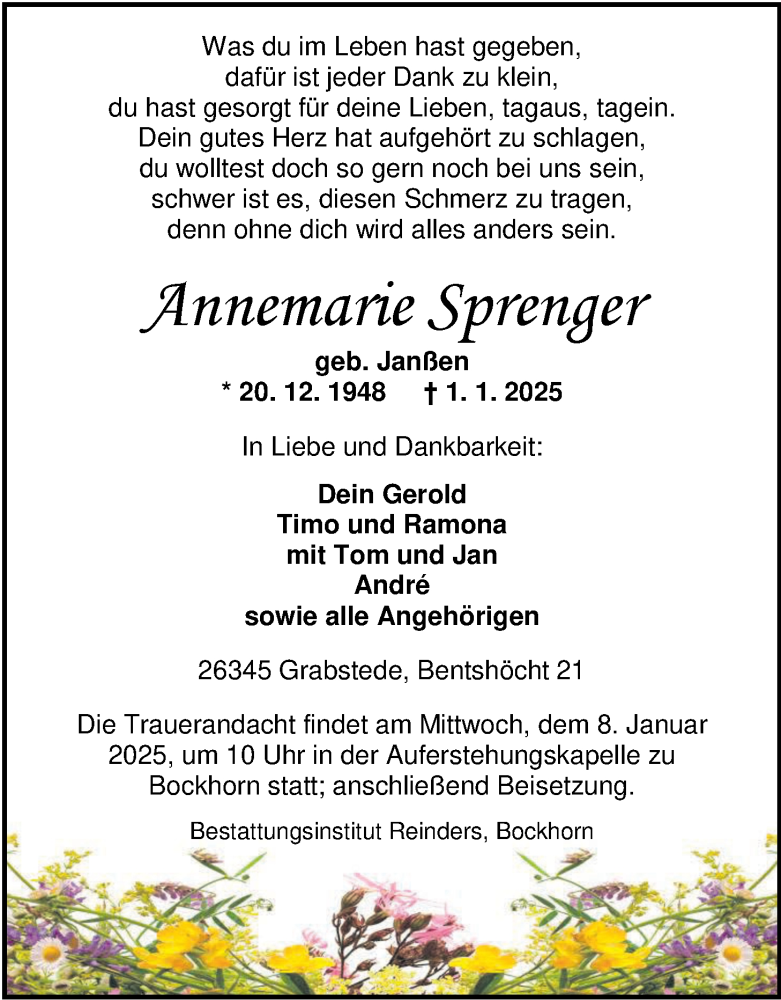  Traueranzeige für Annemarie Sprenger vom 04.01.2025 aus Nordwest-Zeitung