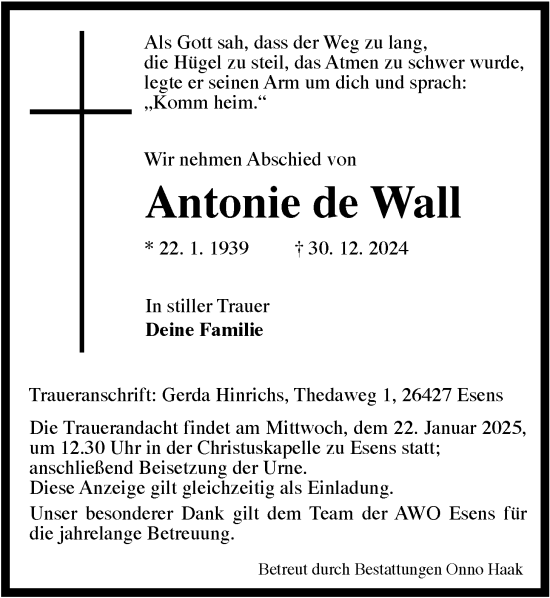 Traueranzeige von Antonie de Wall von WZ/JW/AH