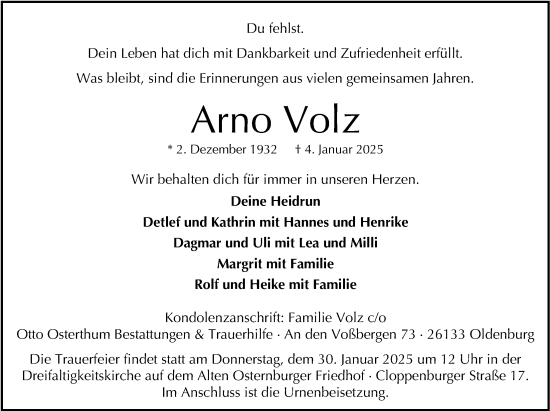 Traueranzeige von Arno Volz von Nordwest-Zeitung