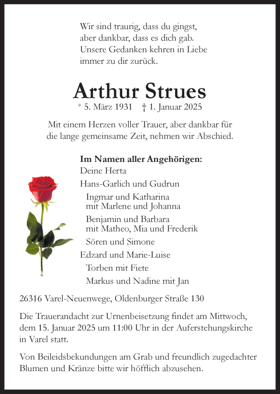 Traueranzeige von Arthur Stues von Nordwest-Zeitung