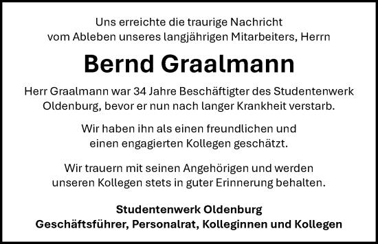 Traueranzeige von Bernd Graalmann von Nordwest-Zeitung
