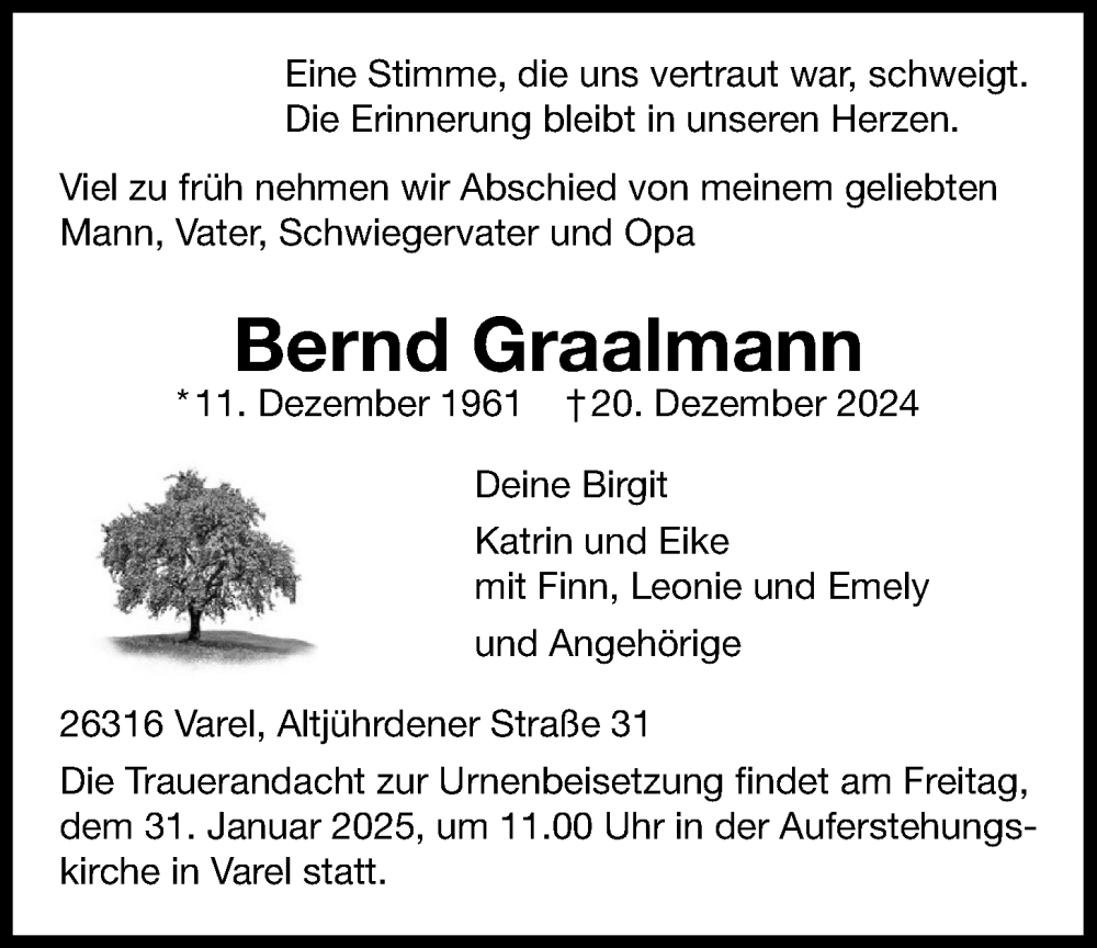  Traueranzeige für Bernd Graalmann vom 25.01.2025 aus Nordwest-Zeitung