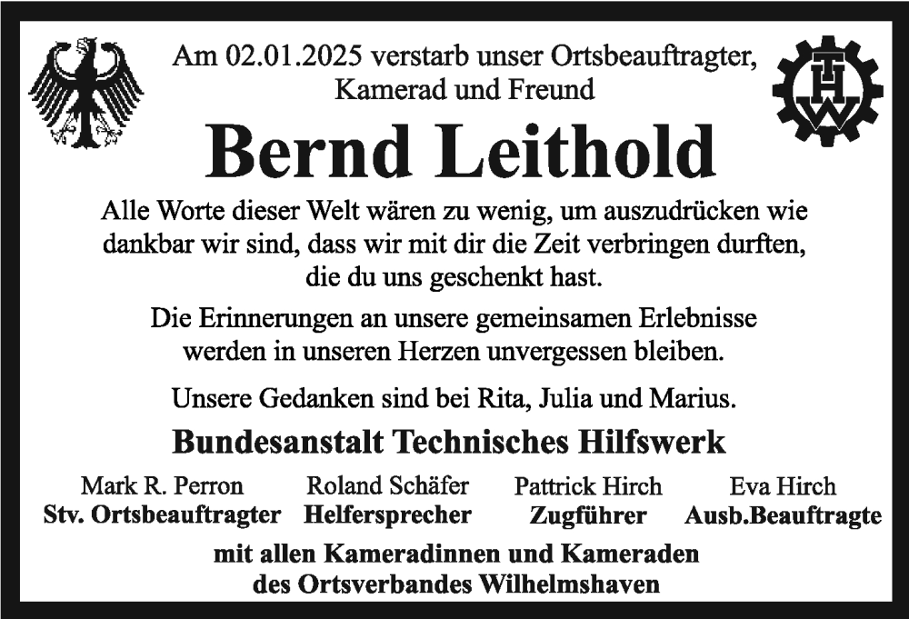  Traueranzeige für Bernd Leithold vom 11.01.2025 aus WZ/JW/AH