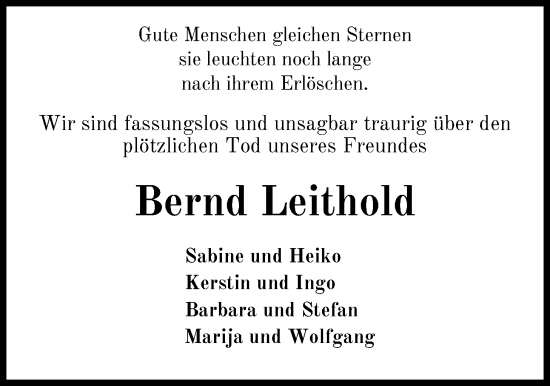 Traueranzeige von Bernd Leithold von WZ/JW/AH