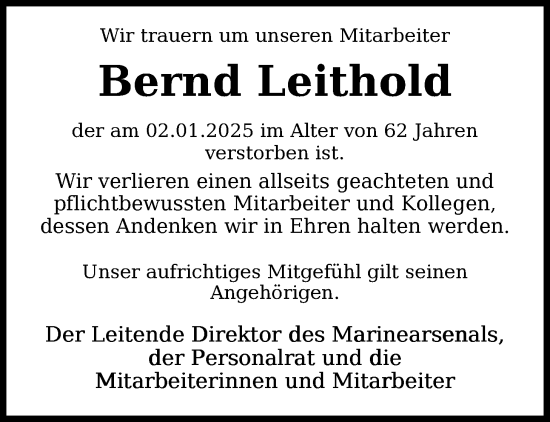 Traueranzeige von Bernd Leithold von WZ/JW/AH