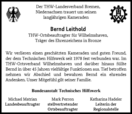 Traueranzeige von Bernd Leithold von WZ/JW/AH