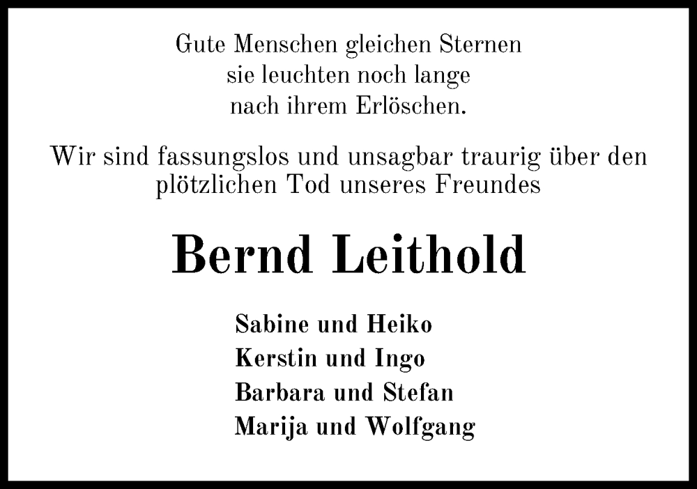  Traueranzeige für Bernd Leithold vom 11.01.2025 aus WZ/JW/AH