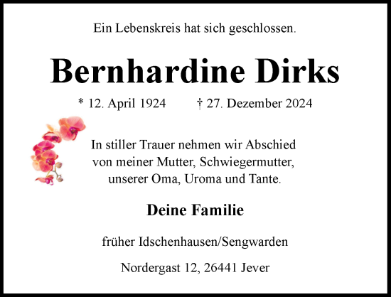 Traueranzeige von Bernhardine Dirks von WZ/JW/AH