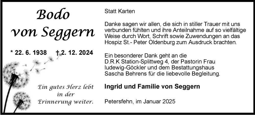  Traueranzeige für Bodo von Seggern vom 24.01.2025 aus Nordwest-Zeitung