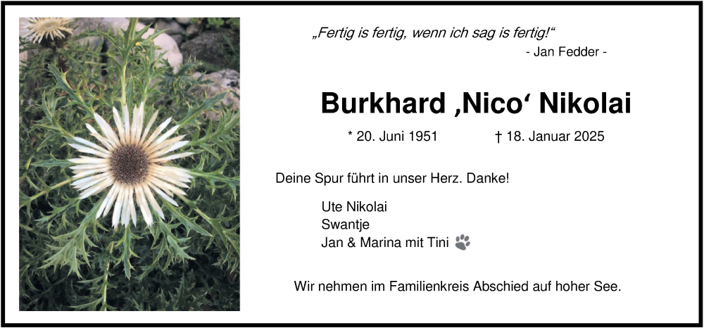  Traueranzeige für Burkhard Nikolai vom 25.01.2025 aus WZ/JW/AH