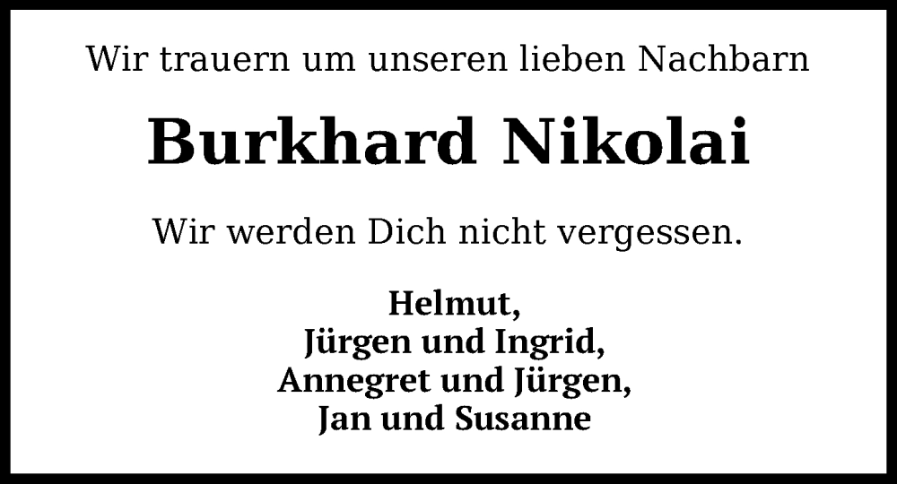  Traueranzeige für Burkhard Nikolai vom 25.01.2025 aus WZ/JW/AH