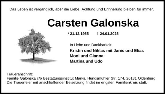 Traueranzeige von Carsten Galonska von Nordwest-Zeitung
