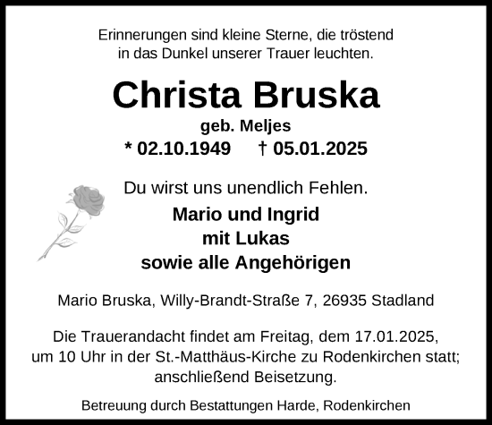 Traueranzeige von Christa Bruska von Nordwest-Zeitung