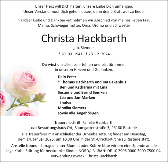 Traueranzeige von Christa Hackbarth von Nordwest-Zeitung